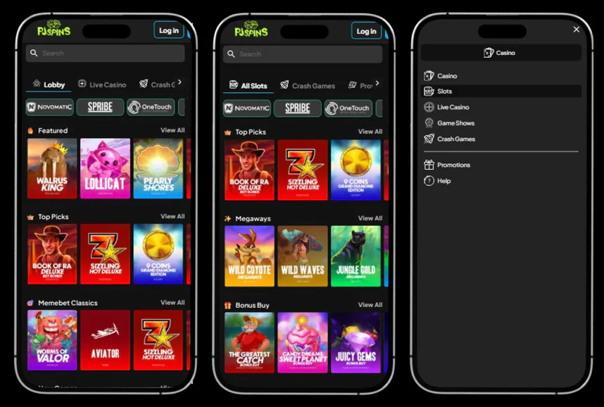 Application mobile Pjspins Casino avec accès aux machines à sous, au live casino et aux crash games