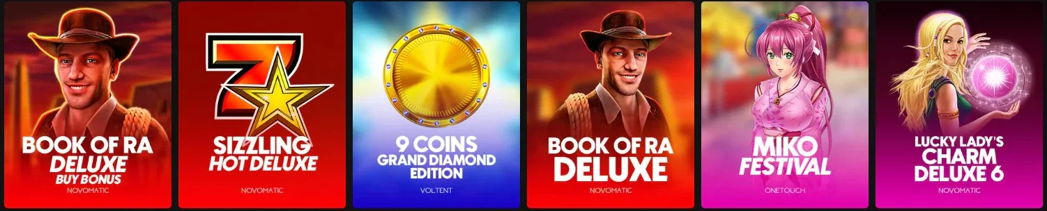 Machines à sous Pjspins Casino avec Book of Ra Deluxe, Sizzling Hot Deluxe et 9 Coins Grand Diamond Edition